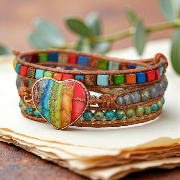 🆕️Bohemian Multilayer Wrap Bracelet with Imperial Jasper Agate Druzy Stone - Picture 7 of 12